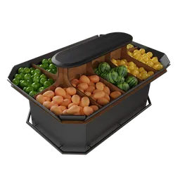 "Blender 3D fruit display case with various realistic fruits and vegetables in a military storage crate. Perfect for shopping and retail scenes. High-quality 3D model available for download on BlenderKit."