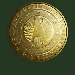 Detailed 3D model of a gold 200 Euro coin with eagle emblem for Blender artists and CGI designers.