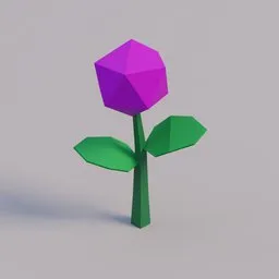 Low-poly 3D model of a stylized purple flower with green leaves for Blender, ideal for digital nature scenes.