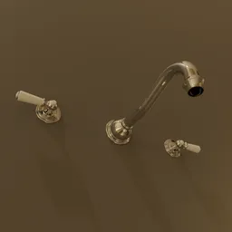 "Ornate gold and brown 3-hole wall-mounted faucet 3D model for Blender 3D. Rendered in Octane with realistic light displacement and gold pipelines. Perfect for utility projects."