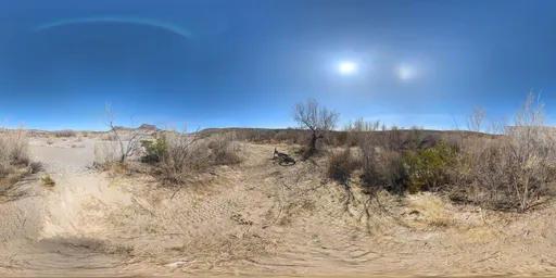 High-definition 16K HDR image featuring clear blue sky and barren landscape with dry tree and yellow sandy ground for scene lighting.