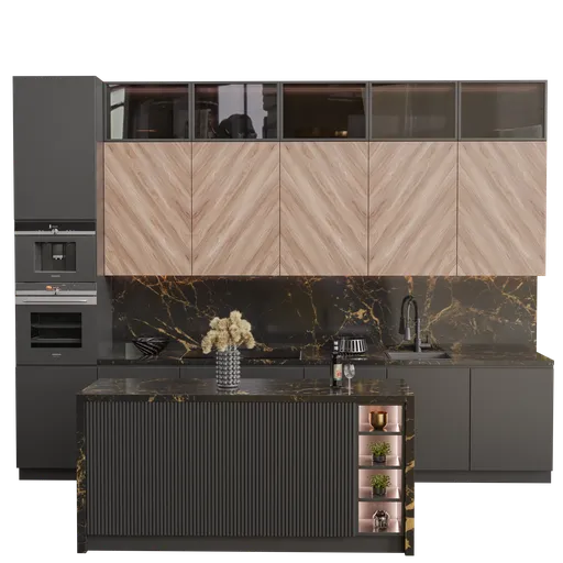 Detailed 3D model of a modern kitchen with wood accents and marble countertop, compatible with Blender Cycles renderer.