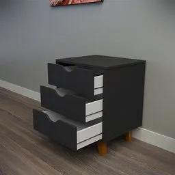 Realistic black 3D-rendered bedside table with open drawers, designed in Blender, showcasing detailed texturing and lighting.