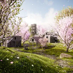 Cherry Blossom Spring Village Scene