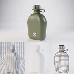 "Find highly detailed 3D model of Military Canteen with metal cover and various styles for Blender 3D. Includes American canteen, water bottles with pouches, aizome patterns, and grayscale monochromatic designs. Created by Jacob Pynas with path tracing render."