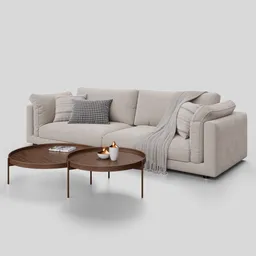 High-quality 3D model of a contemporary fabric 3-seater sofa with customizable colors and a matching coffee table, ideal for Blender 3D projects.