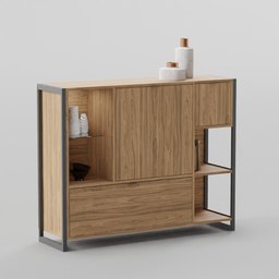 "Highboard 146 in Factory Zone style seen on XXXLutz. Wooden cabinet with glass door and shelf, inspired by Mathieu Le Nain and designed with Quixel Megascans. Perfect for adding a touch of sophistication to your 3D interiors. Created in Blender 3D."