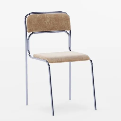 3D model of a simple, modern, armless chair with a brown seat and chrome legs, compatible with Blender for event design.