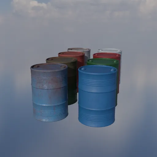 Variety of 3D modeled industrial barrels, textured for Blender, showcasing weathered and pristine conditions.