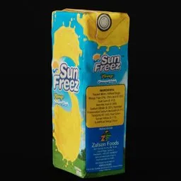 "3D scanned quadrilateral model of a carton of Malaysian Sun Freeze fruit juice with a yellow sun shining down. Created using Blender 3D software and available in the drink category for various render toggling options."