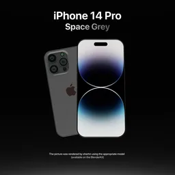 Detailed Blender 3D model of iPhone 14 Pro in Space Grey, featuring Super Retina display and camera setup.