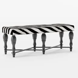 Detailed 3D model of a zebra-striped upholstered bench with nailhead accents and crossed wooden legs.