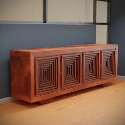 "Mid-century Italian Credenza (Commode) 3D model for Blender 3D, designed by Carlo Scarpa with signature inlaid square pattern. Perfect for adding a unique and geometric art deco touch to any living room. Rated and reviewed for optimal feedback."