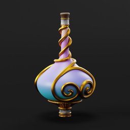 "Fantasy magical potion in a purple and blue vase with gold swirls, inspired by RHADS and Disney concept art. Created using Blender 3D, this high-quality 3D model is perfect for creating visually stunning RPG game items or magical drink illustrations. The image showcases the potion with iridescent smoke and hires textures, adding depth and realism to the render."