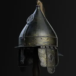 Detailed 3D model of an Ottoman-style war helmet with intricate patterns suitable for Blender renderings.