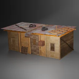 "Blender 3D Pallet Homes model depicting poverty-ridden slum houses crafted from scrap materials including wood and corrugated iron. The 3D render showcases scattered props and wires, portraying a war-torn environment. Ideal for tabletop game props and item art."