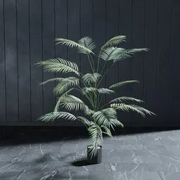 "Artificial palm plant for indoor nature scenes in Blender 3D, based on real product. Perfect for adding greenery to your virtual space with customizable pot options. Rendered in Octane with outdoor lighting for a lifelike appearance."