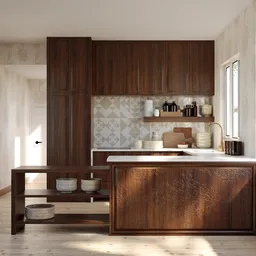 Realistic 3D-rendered kitchen scene with detailed wood textures and natural lighting, crafted in Blender.