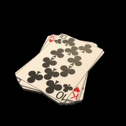 Alt text: "Playing card 3D model for Blender 3D - available for Eevee and Cycles rendering. It features four cards stacked on each other and has a King's Quest inspired design. Perfect for digital artists and game designers."