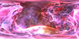 Vivid HDRi of a pink nebula and illuminated planet for cosmic scene lighting.