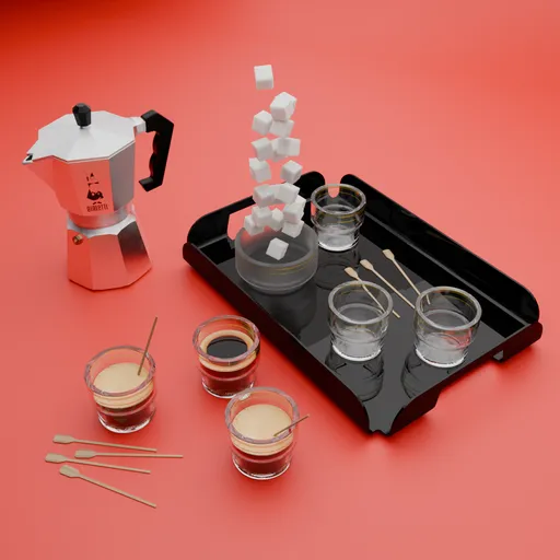 Detailed 3D render of coffee service set with espresso maker, cups, and sugar cubes for Blender graphics projects.