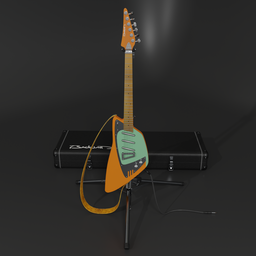 "Backlund Katalina Mint Orange Guitar - Unique Design with Three Gold Foil Pickups, Maple Neck, and Tune-o-Matic Bridge. Includes Hard Case and Guitar Stand. 3D model for Blender 3D."