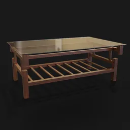 Detailed 3D rendering of a vintage-style wooden center table with glass top for Blender modeling.