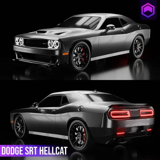 3D model of a Dodge SRT Hellcat with detailed design, optimized for Eevee and Cycles rendering in Blender.