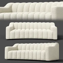 "Modern Sofa 3D Model for Interior Design, inspired by Thornton Willis and designed by Eichholtz for Blender 3D. The tufted white sofa with corduroy texture and simplified forms is detailed and award-winning, with front, back, and side views. Multires modifier allows easy control of asset quality in three levels of displacement."