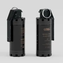 "Flashbang FBG-6 3D model in Blender 3D, optimized for gaming with high quality and low poly design. Inspired by Samuel F. B. Morse, the equipment features detailed photoreal packaging and includes tear gas and gas grenades."