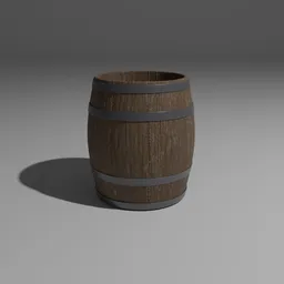 Realistic 3D model of a wooden barrel with metal bands, designed for Blender rendering.