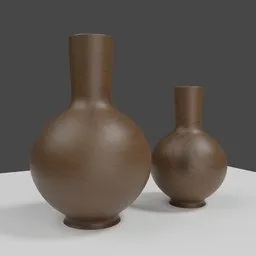 "Wooden decorative vase 3D model in Blender 3D software with volumetric diffuse shading and woodturning. Brown colors, high grain texture, and two vases sitting on a table with a gray background. Perfect for any interior design project."