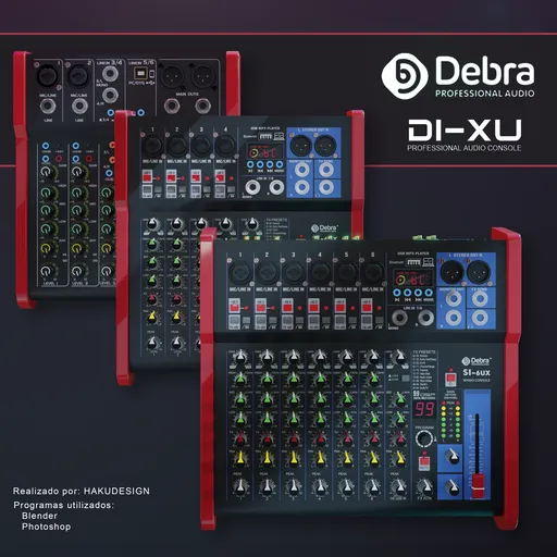 Highly detailed Blender 3D audio mixer model showcasing compact design, efficient power, and new color with precise damping knobs.