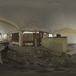 360-degree HDR image of a dilapidated interior with scattered debris and faded walls for realistic lighting.