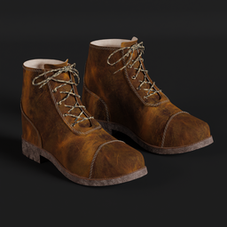 "Brown lace-up boots for men, inspired by Jesper Myrfors and created in Blender 3D with rustic and weathered details. Ideal for adding a masculine and rugged touch to your footwear collection. Perfect for cosplay or comic art characters like Berta or a medieval knight."