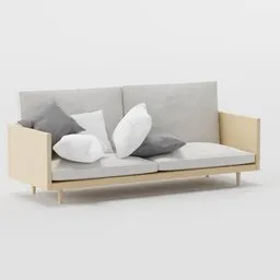 Realistic 3D model of a contemporary beige sofa with gray and white cushions, suitable for Blender rendering and interior visualization.