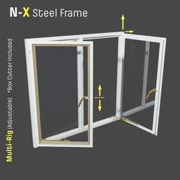 Adjustable 3D steel frame window model with separate opening controls for Blender visualization.