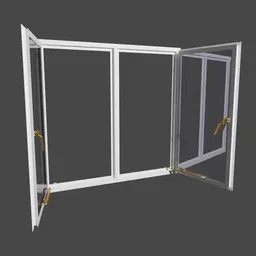 Adjustable 3D steel frame window model with separate opening controls for Blender visualization.