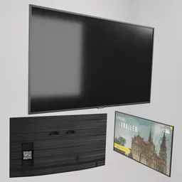 "3D model of Samsung TV with wood panel and OLED material pack, featuring QLED technology. Perfect for video category scenes in Blender 3D. Trending on ArtStation and well-rendered, including a picture of a church on the wall."