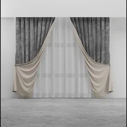 "Realistic curtain 01 - Grey/Beige Velvet 3D Model for Blender 3D - Monochrome curtain with stylized border, showcasing subtle color variations and topological renders in a ballroom setting. Perfect for interior design projects and visualizations."