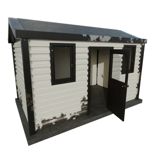 Detailed white 3D shed with black trim, UV-mapped and PBR-textured for Blender Eevee and Cycles with an interactive interior.