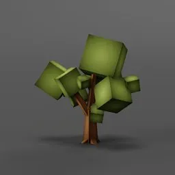 "Betty Fleetfoot movie inspired Oak Tree 3D model with cube-like structure and sharp, blocky shapes, created using Blender 3D software. Ideal for game development and in-game environments."