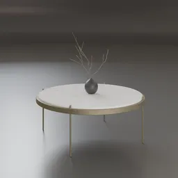 Realistic 3D model of modern coffee table with decorative pot and dry branches suitable for Blender rendering.