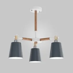 "Scandinavian style wooden chandelier for Blender 3D model with three lights and bold shapes. Muted dark colors and polished maple enhance the simple yet stylish design. Perfect for adding a touch of Nordic charm to your 3D projects."