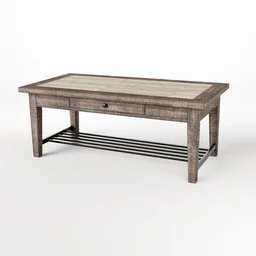 Rustic farmhouse-inspired 3D model cocktail table with plank styling & distressed pine texture, ideal for Blender 3D projects.