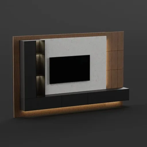 Detailed 3D rendering of a modern TV stand for Blender, showcasing a minimalist design with wood and metal textures.