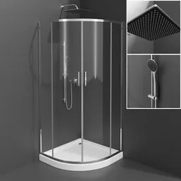 High-quality 3D model of a modern corner shower, rendered in Blender, showing detail insets.