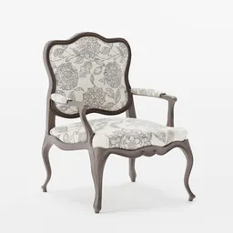 Detailed 3D model of a floral upholstered, wood-framed traditional armchair, ideal for Blender renderings.