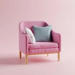 Detailed 3D model of a stylish pink armchair with cushions, suitable for Blender rendering and interior design visualization.