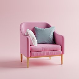"Cozy pink armchair with blue and white pillows, 3D model for Blender 3D. Rendered with Octane and featuring Swedish design, this curved furniture adds a unique touch to any interior design project."